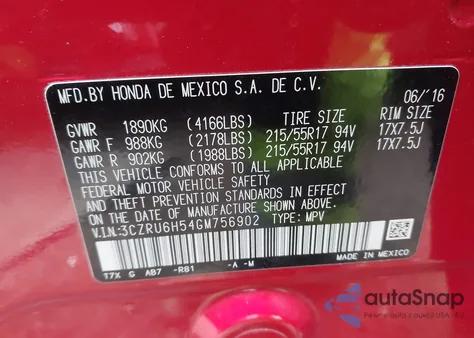 2016 Honda Hr-V Ex z USA, uszkodzony, nr VIN 3CZRU6H54GM756902